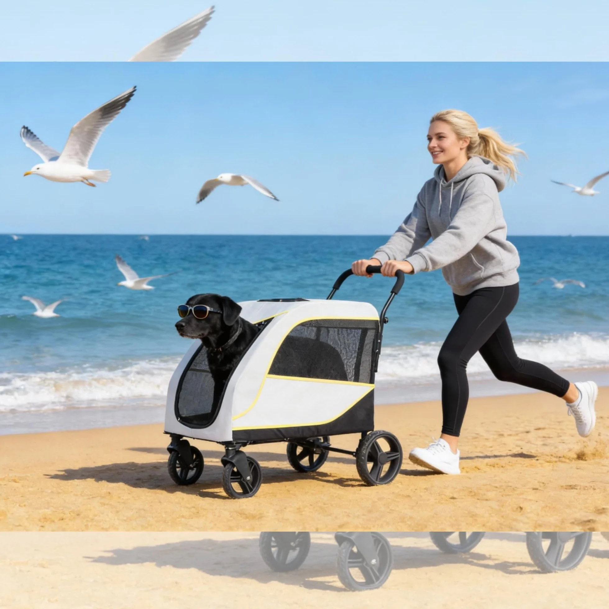 Grande poussette pour chien 50 kg pliable avec rampe intégrée 2 en 1 traction tout terrain jogging