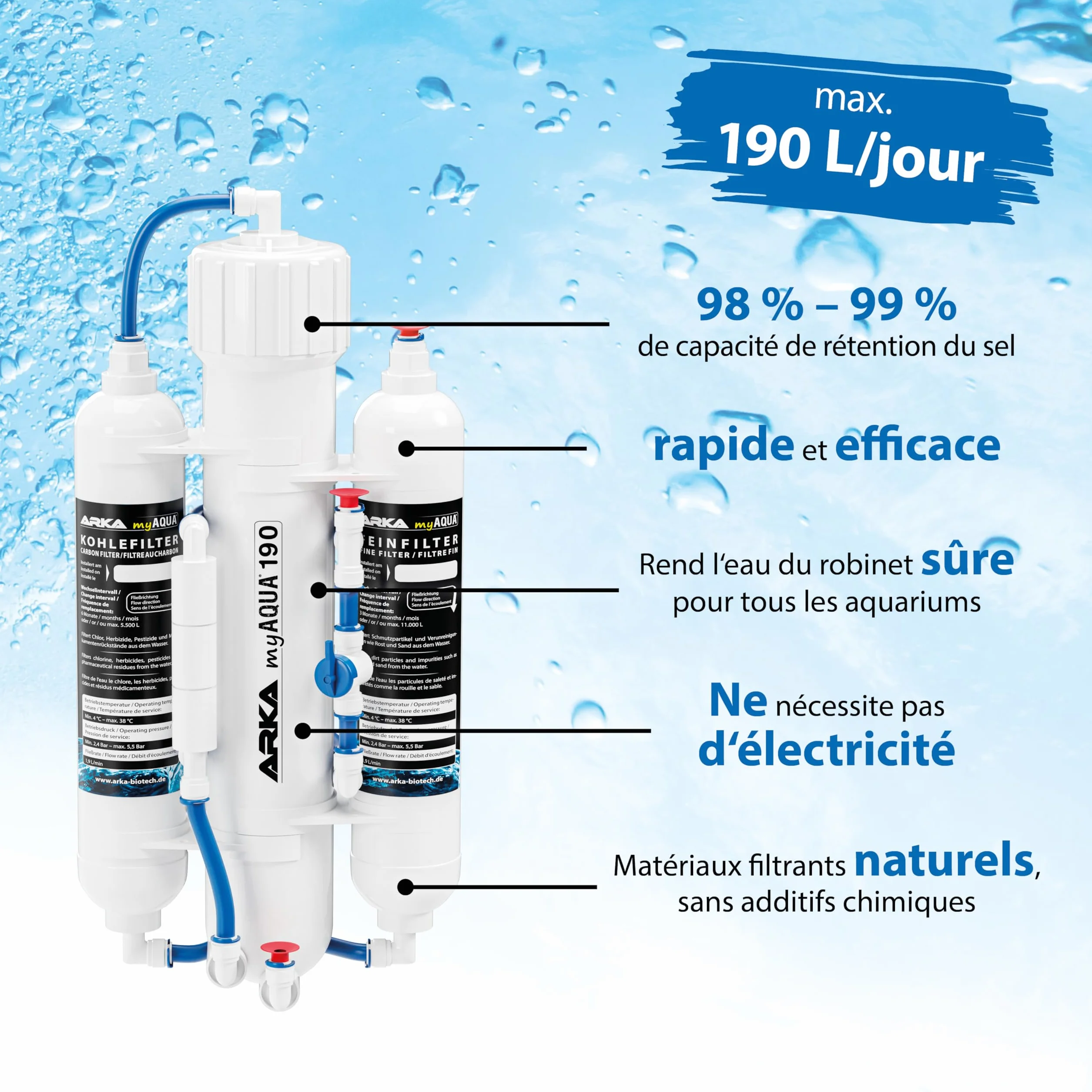 ARKA myAqua190 Osmoseur aquarium 190 L/j triple filtration anti-nitrates chlore métaux lourds eau ultra pure