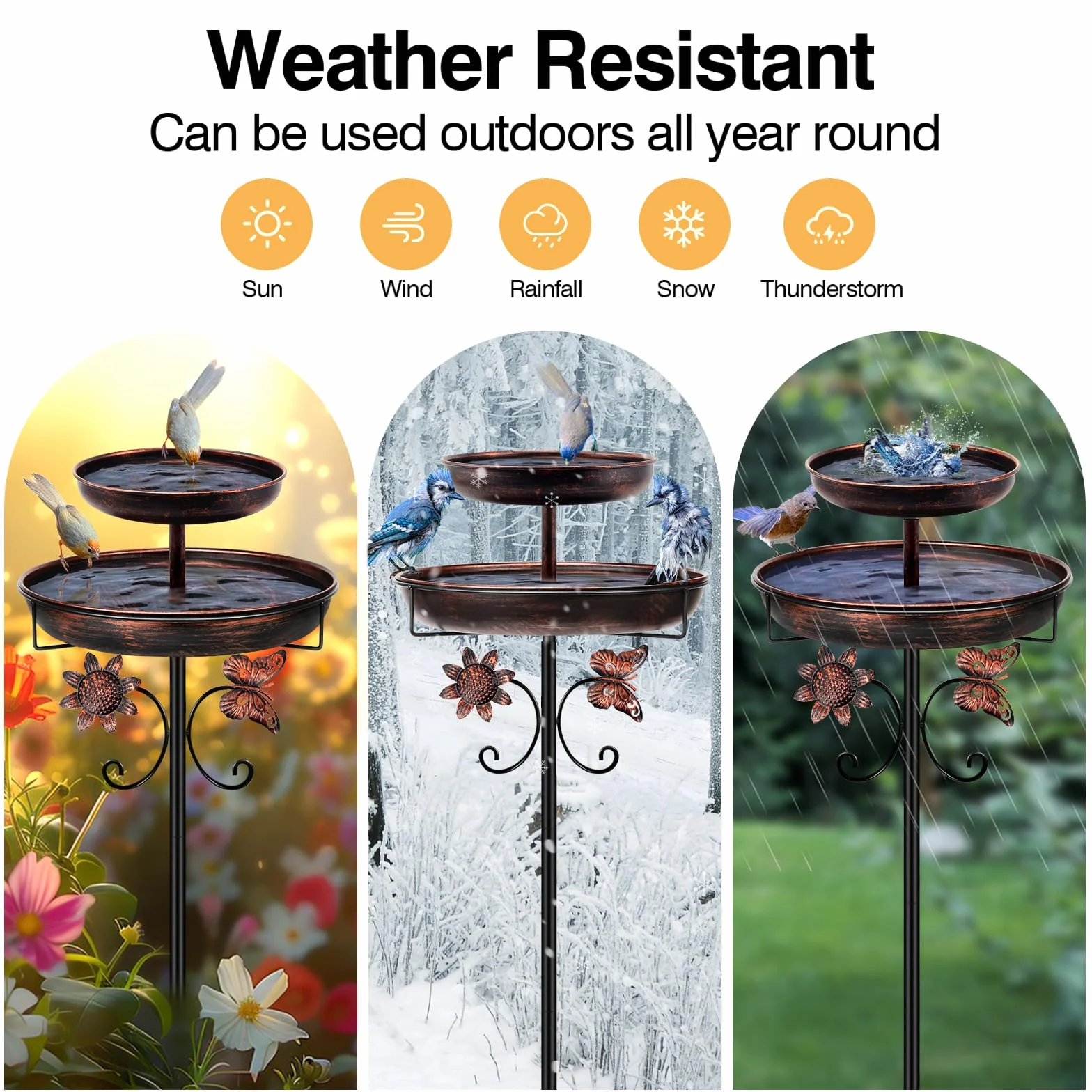 Bain d'oiseaux en métal pour l'extérieur, 106,7 cm, double bain d'oiseaux autoportant, mangeoire pour oiseaux pour extérieur, jardin, terrasse, cour, pelouse, base améliorée à 5 dents (bronze