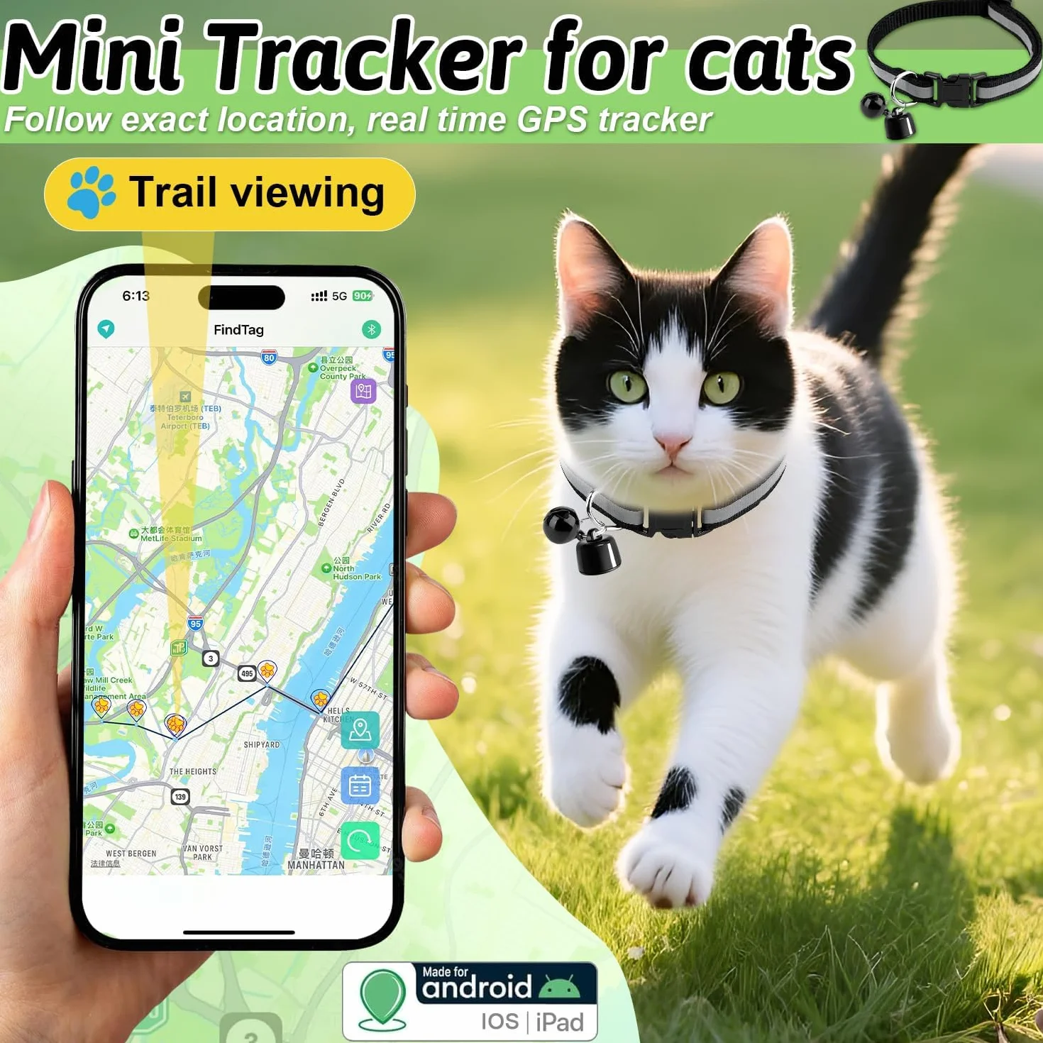 Traceur GPS Chat Chien, Collier GPS Compatible iOS Android, sans Abonnement ni Carte SIM, Étanche Animaux Clés Bagages Véhicules