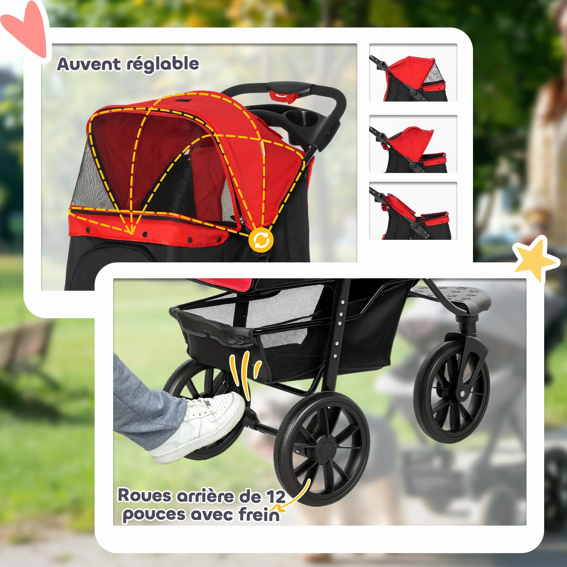 PawHut Poussette pour Chien Pliable 3 Roues Tout-Terrain 25kg Grande Roue 12" Antichoc Légère Chariot Animaux Rouge