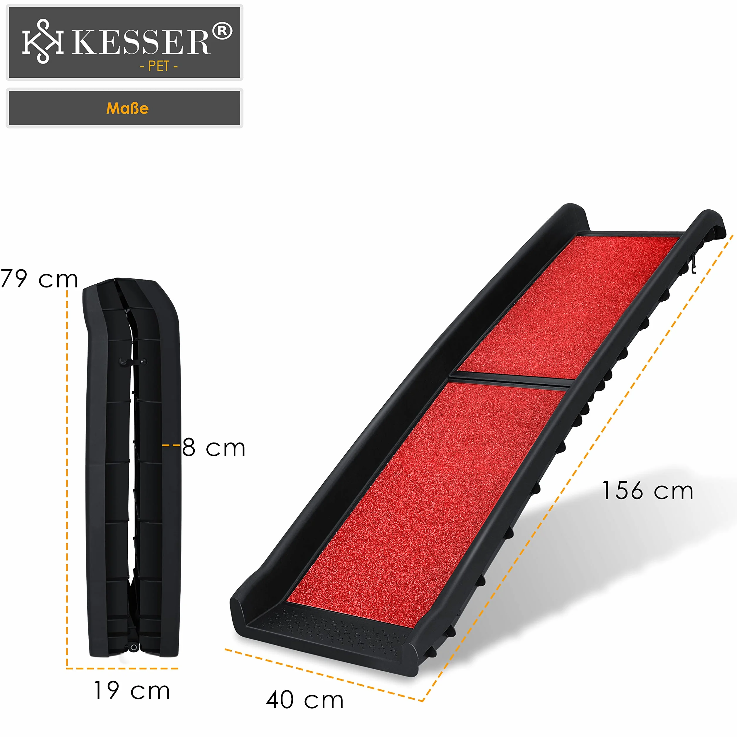 KESSER® Rampe de coffre pliable pour chien - Rampe de coffre pour animaux de compagnie - Jusqu'à 90 kg - 156 x 40 cm - Légèrement stable et antidérapante - Rouge