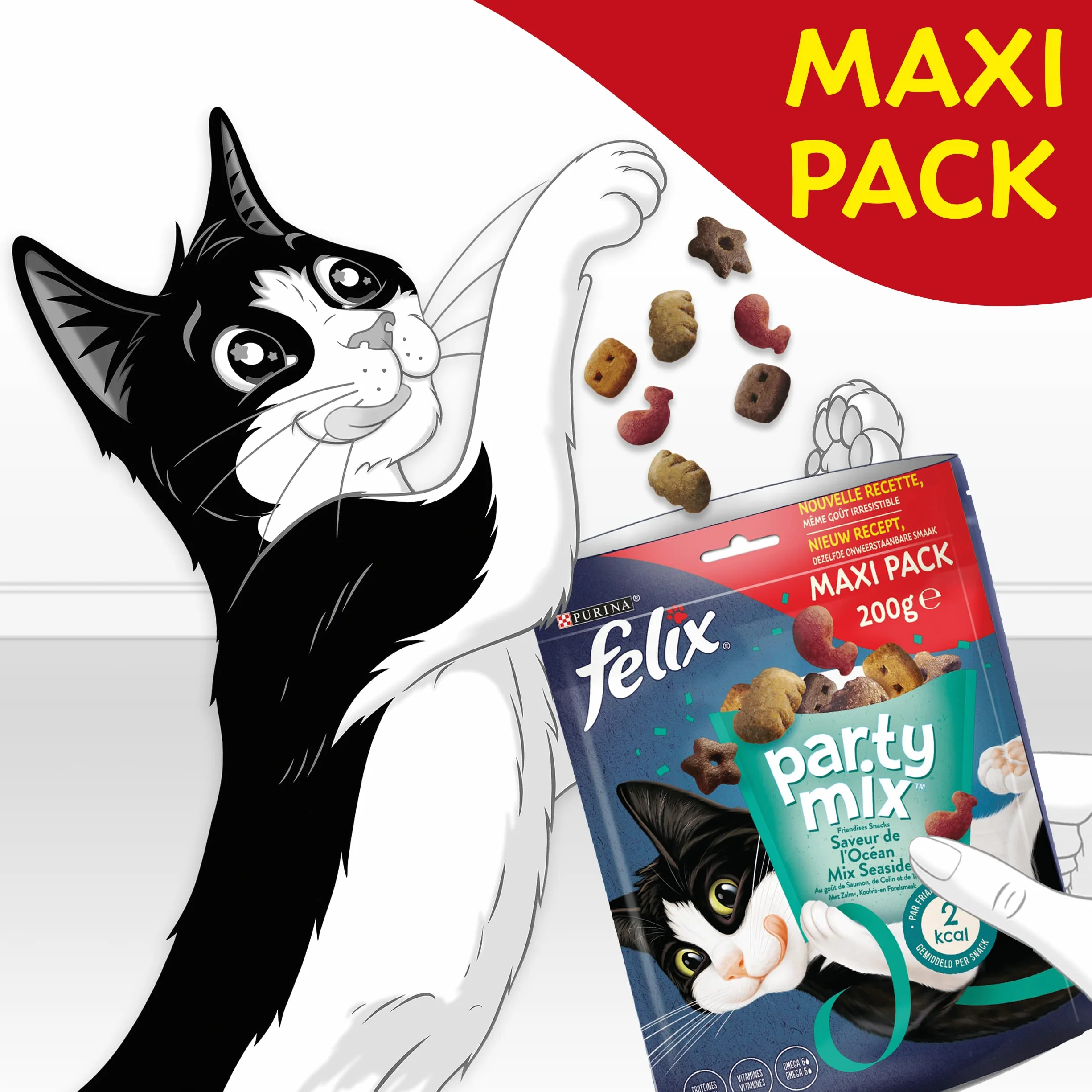 Felix | Party Mix | Friandises pour Chat Adulte | Riches en protéines, vitamines, acides Gras et oméga 6 | Saveur de l'Océan au goût irrésistible : Saumon, Colin, Truite | Sac | Lot de 5 x 200g