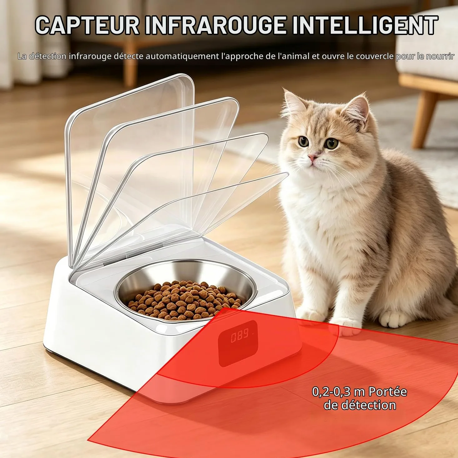 Mangeoire automatique pour chats, 350 ml, avec capteur infrarouge, gamelle automatique avec couvercle à charnière, pour chiens et chats de petite et moyenne taille, pour nourriture humide et sèche