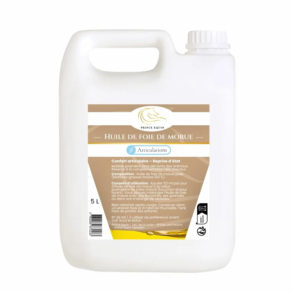 Huile DE Foie DE MORUE - Complément nutritionnel Cheval - Bidon 5 L - Articulations - Reprise d'état Cheval - Immunité - Source d'oméga 3 et vitamines A et D - Marque française