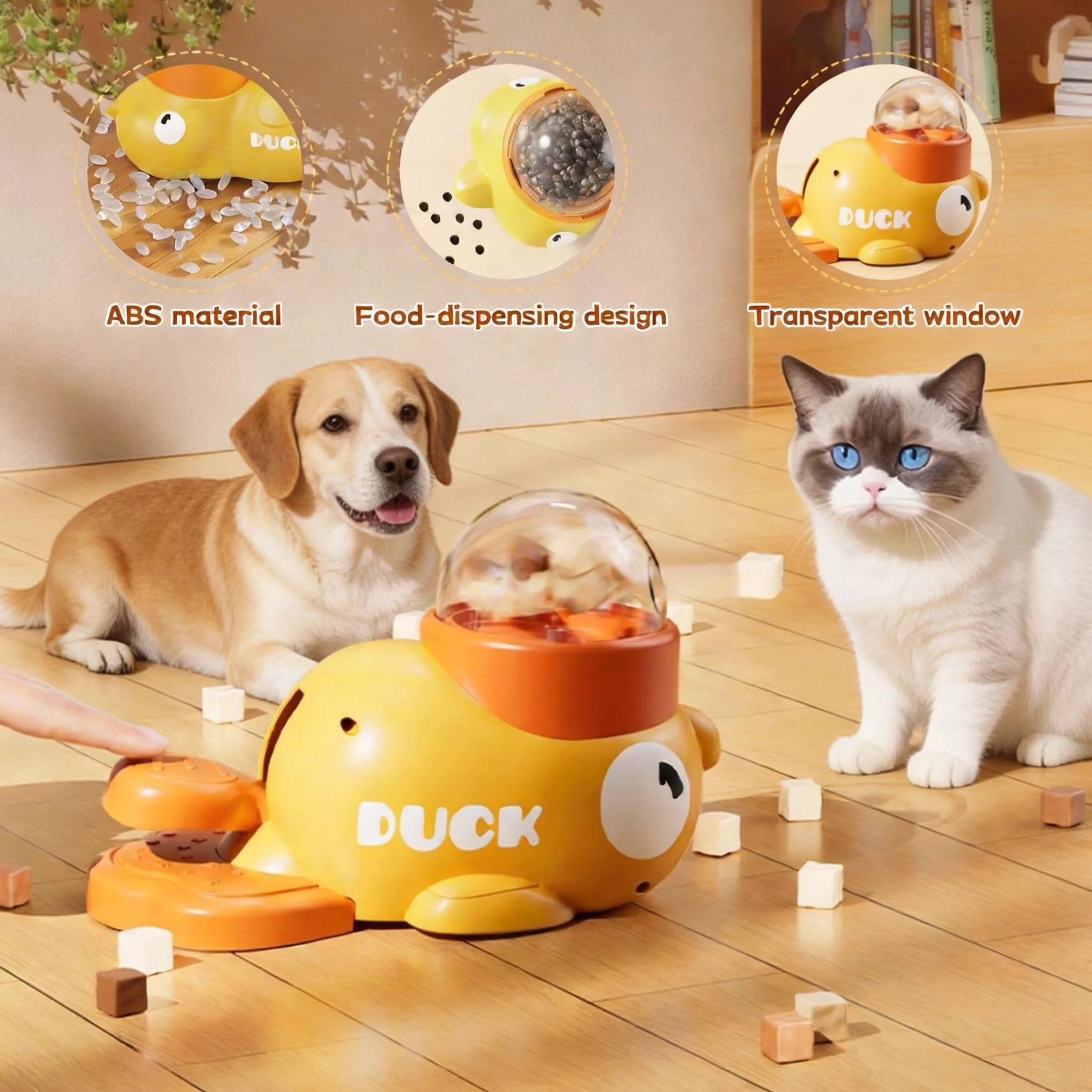 Distributeur Croquettes Chat Canard Jaune 2 en 1 avec 3 Couvercles Jouet Interactif Chien