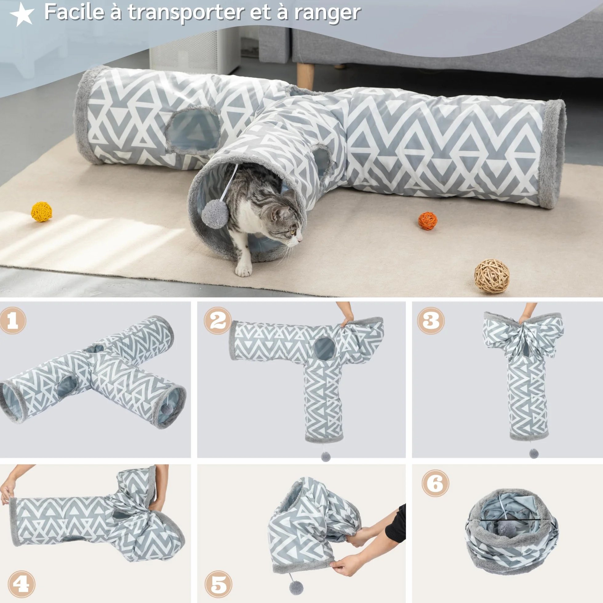 JanYoo Tunnel pour Chat et Lapin - Tunnel de Jeu en Peluche 3 Voies - Jouet pour rongeurs Trou d'espionnage interactif - Ø 26 cm - Gris