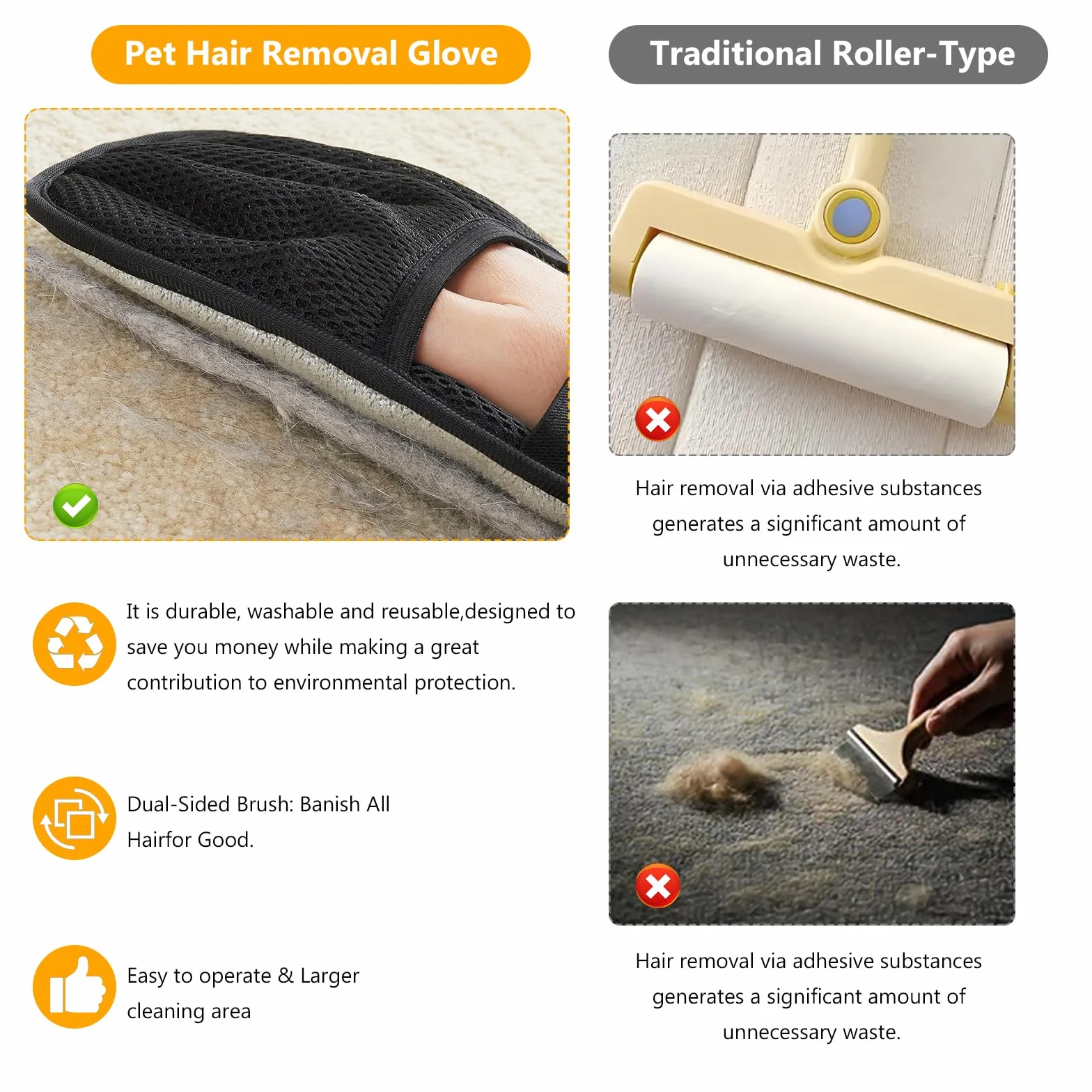 Lot de 3 gants d'épilation électrostatiques pour chien, gants de toilettage double face magnétiques