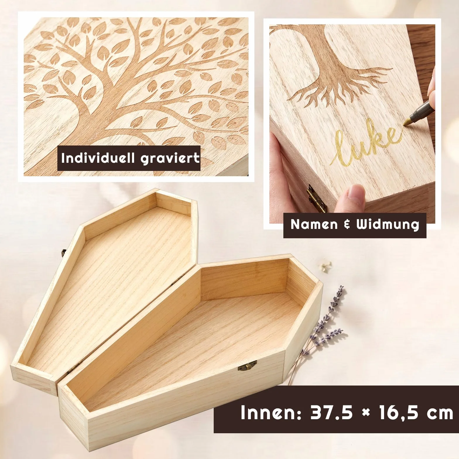Jetec Cercueil Animaux Bois 37,5x16,5x7cm Gravure Arbre de Vie Marqueur Doré Hommage Digne Hamster Oiseau Serpent Lézard Souris Urne Funeraire Souvenir