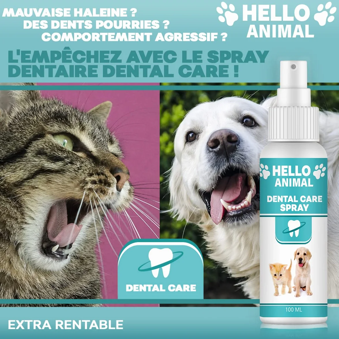 HelloAnimal® Spray Dentaire pour Chiens et Chats – Détartrage Dentaire, Anti-Plaque et Tartre, 100 ml