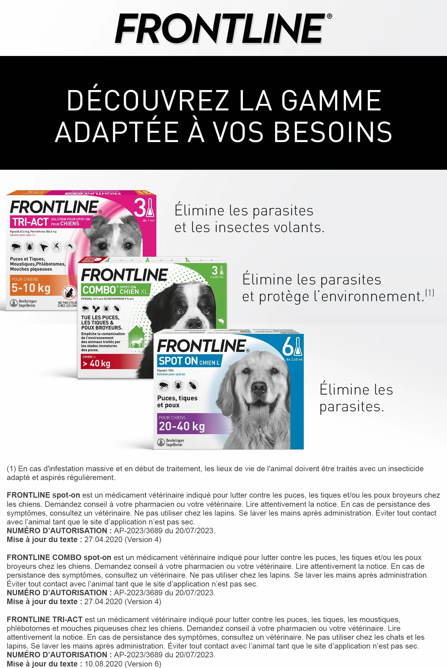 FRONTLINE Combo Chien Anti Puces Tiques Poux 3 Pipettes Spot-On 20-40 kg