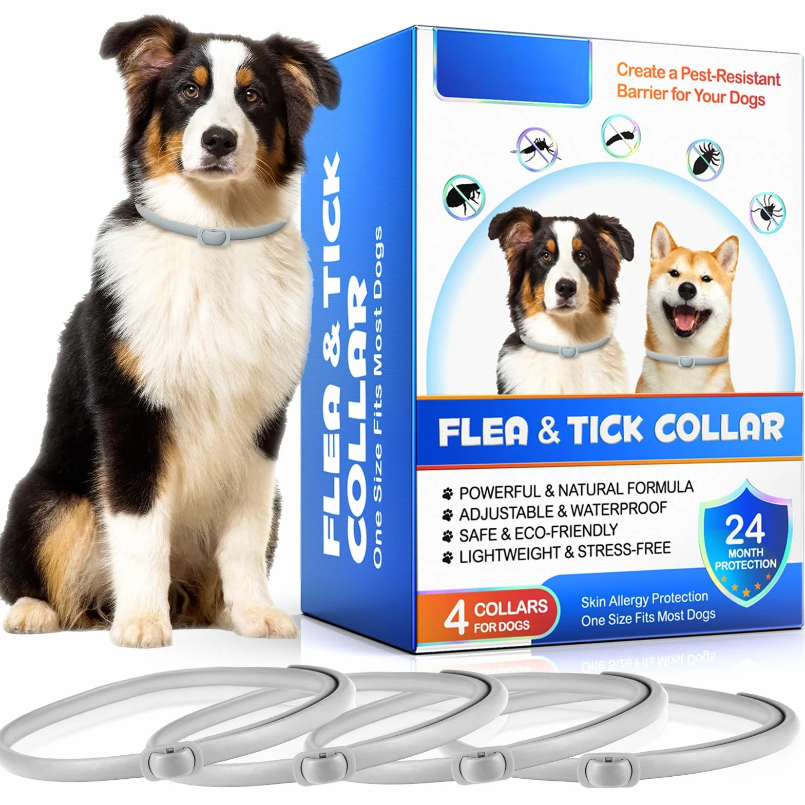 Collier Anti Puces pour Chien Naturel 24 Mois Réglable Imperméable 4pces