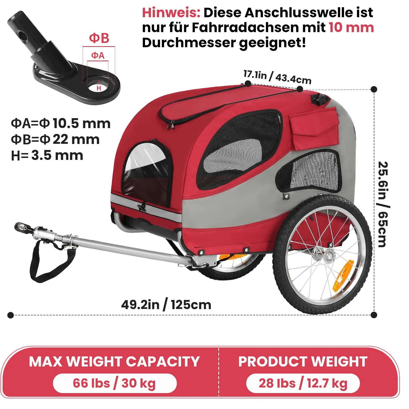 Remorque de vélo Pliable pour Chien avec réflecteurs de sécurité, Sac de Rangement, intérieur rembourré et laisses de sécurité, Transporteur pour Chien jusqu'à 30 kg