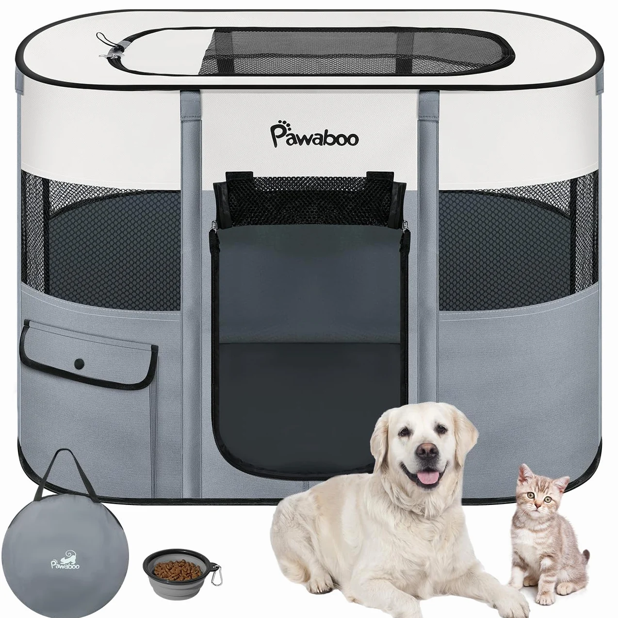 Pawaboo Parc Enclos Pliable Chien Chat, Enclos Intérieur Extérieur Portable, Tissu Oxford, L, Gris