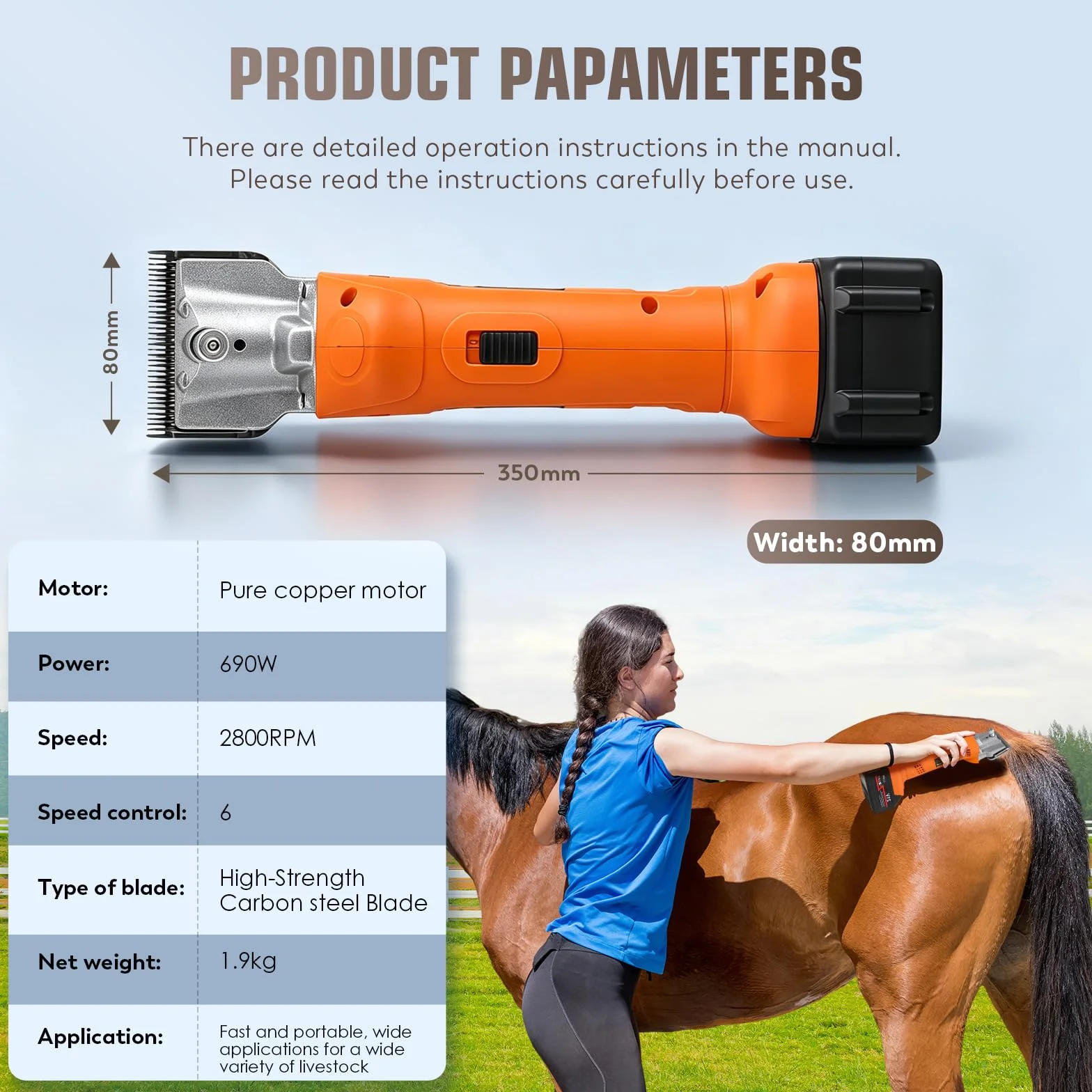 CGOLDENWALL Tondeuse pour Chevaux Sans Fil 690W 2800 tr/min 6 Vitesses 2×4000mAh 4h Autonomie