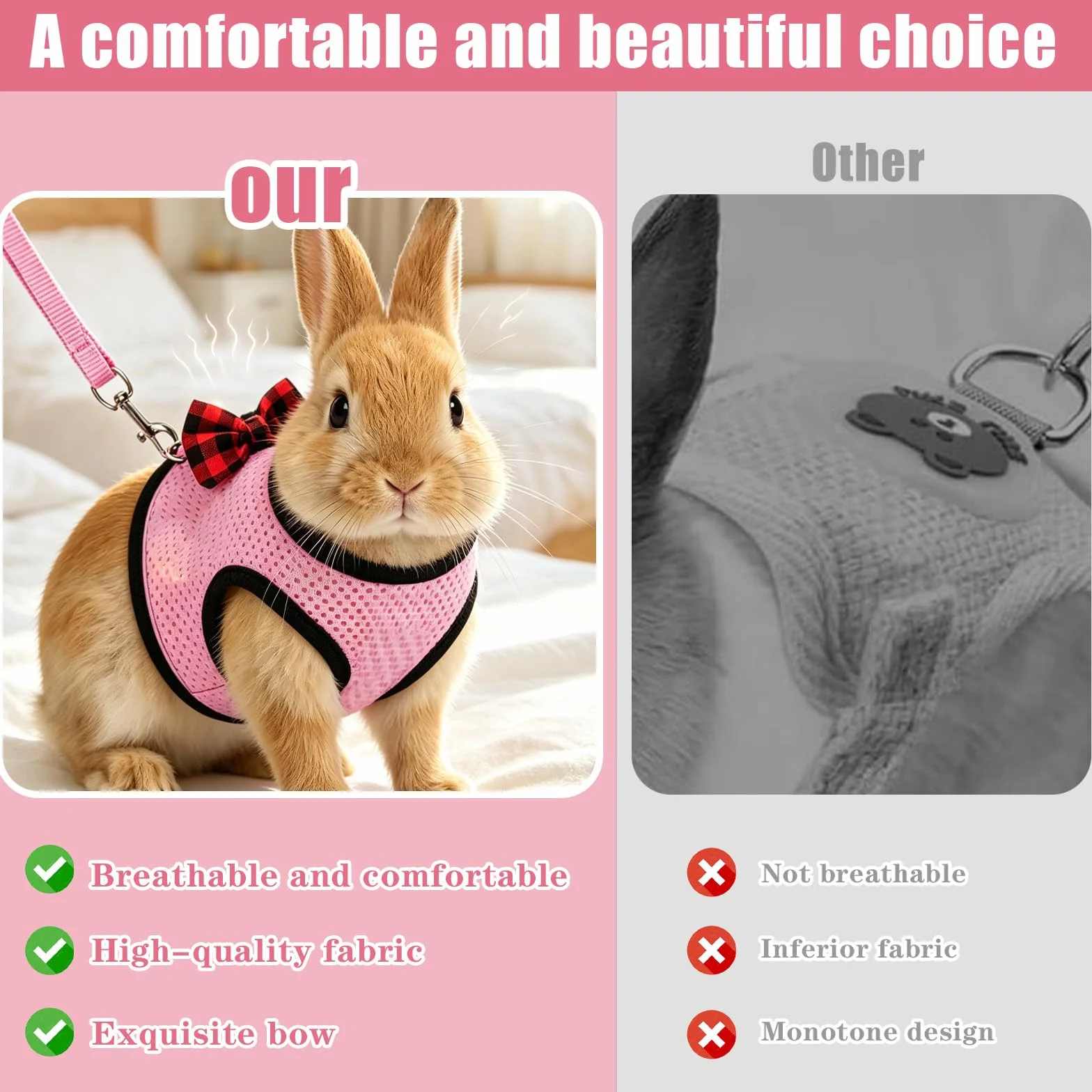Harnais Pour Lapin Avec Nœud Rose Et Laisse, Harnais Lapin Doux Avec Laisse, Harnais Pour Lapin Avec Laisse Pour Petits Animaux, Accessoire