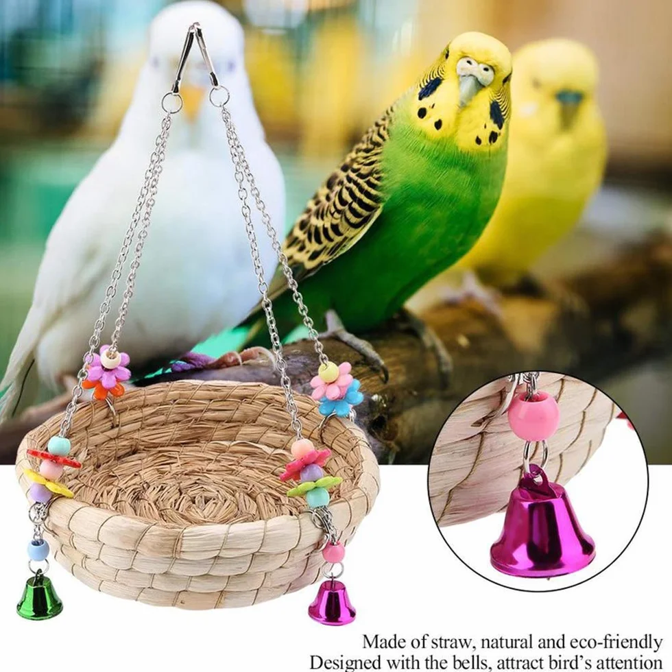 Nid d'Oiseau de Perroquet, Balançoire en Paille Tissée à la Main avec 4 Cloches en Métal
