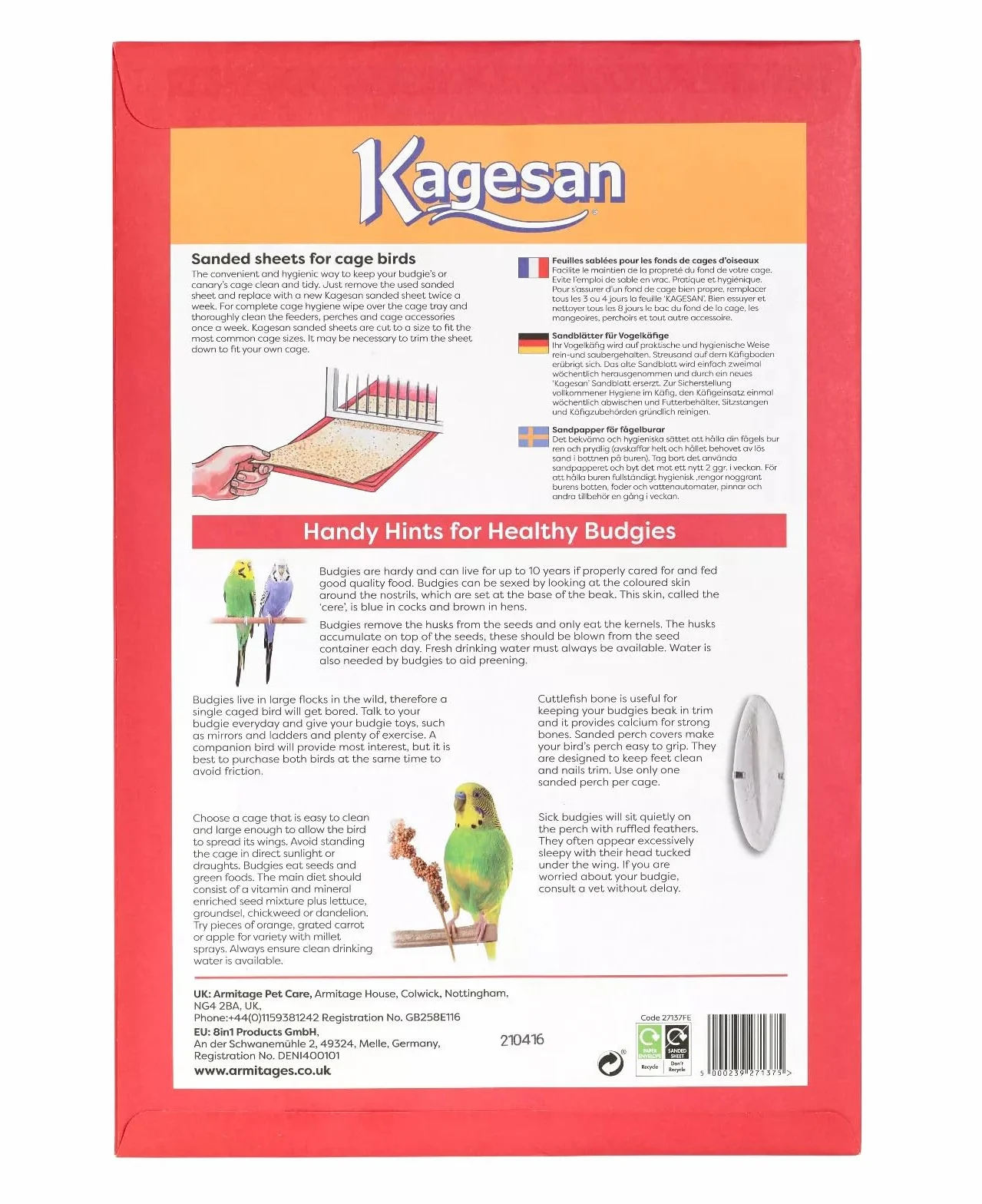 Kagesan Papier de Sable pour Cage à Oiseaux 43 x 28 cm Lot de 3 Rouge