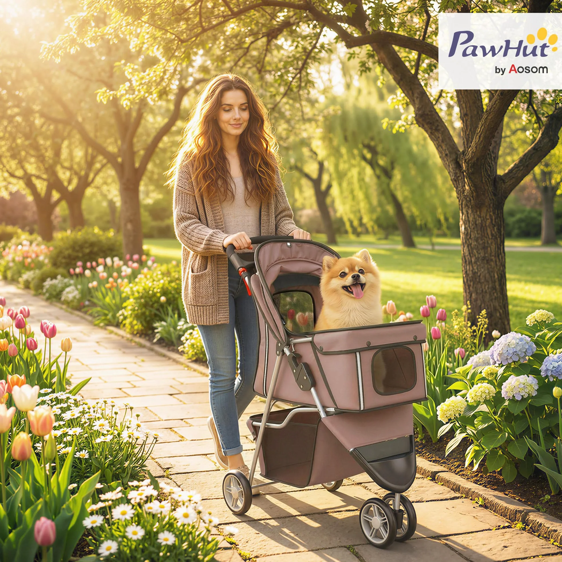 PawHut Poussette pour Chien 4 Roues Pliable avec Frein Auvent Réglable 77x44x102cm Café