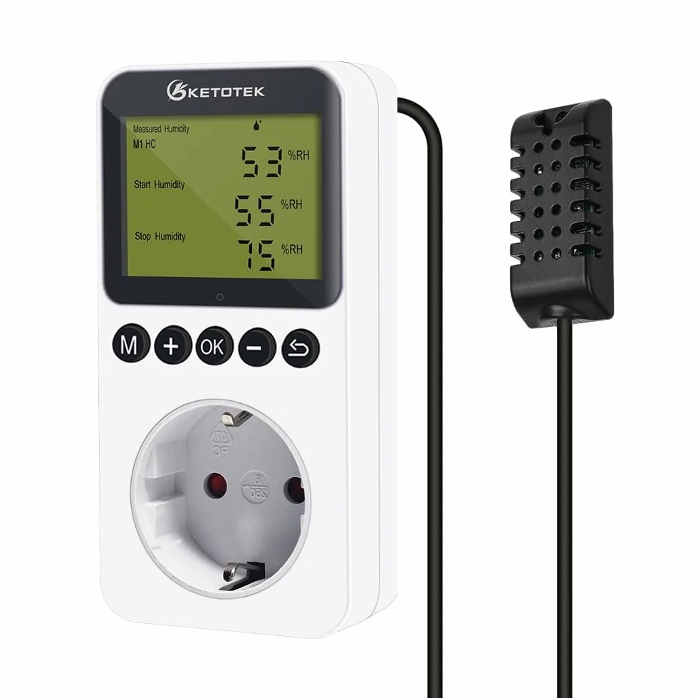 KETOTEK Prise Hygrostat Numérique avec Sonde, Contrôleur Humidité 220V pour Terrarium Reptile Couveuse Incubateur