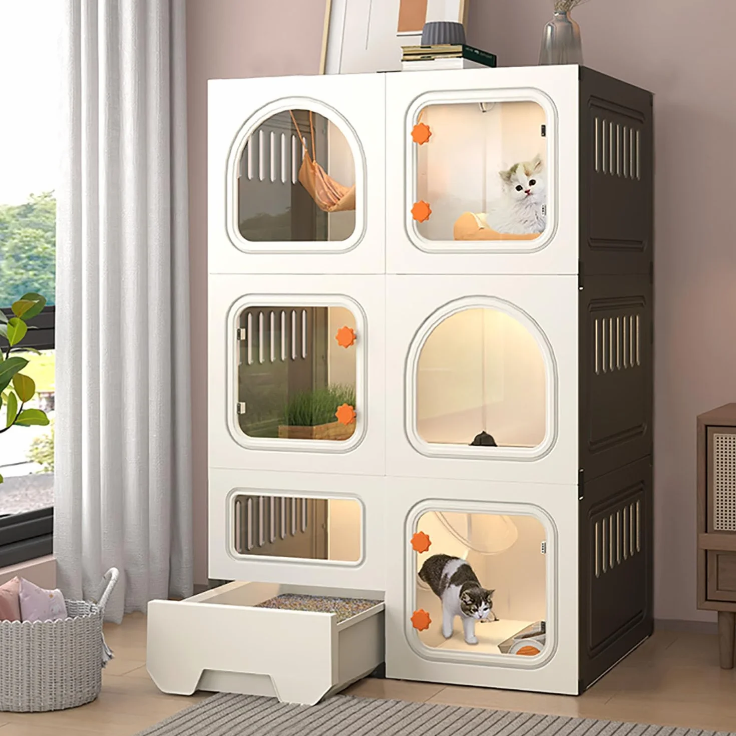 Cage pour Chat avec Portes Maisons d'intérieur Parc avec bac à litière Forte capacité Charge Facile Nettoyer Installer Paquet 2 Taille B-71x4