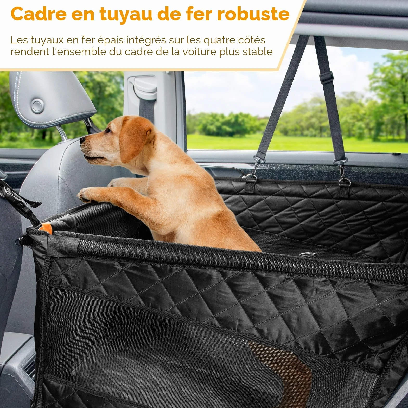 Pecute Siège Auto Chien XL 70x61 cm Coussin Cuir PU Rabattable Fond Rigide Anti-Affaissement Facile à Nettoyer Protection Banquette Arrière