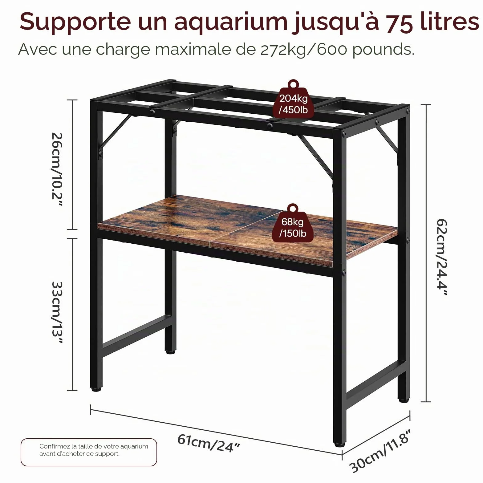 Meuble d'aquarium 20 L, Support 2 étages 204 kg 61x30x62 cm Marron