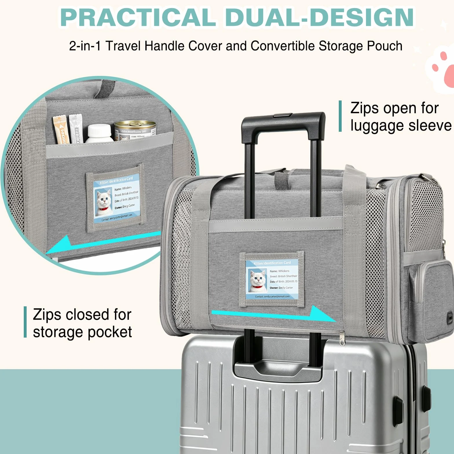 Sac Transport Chat Approuvé Aviation Sac Transport Chien Respirant et Pliable Caisse de Transport Chat avec Bandoulière Réglable Portable Cage Transport Chat avec Tapis Réversible (Gris)