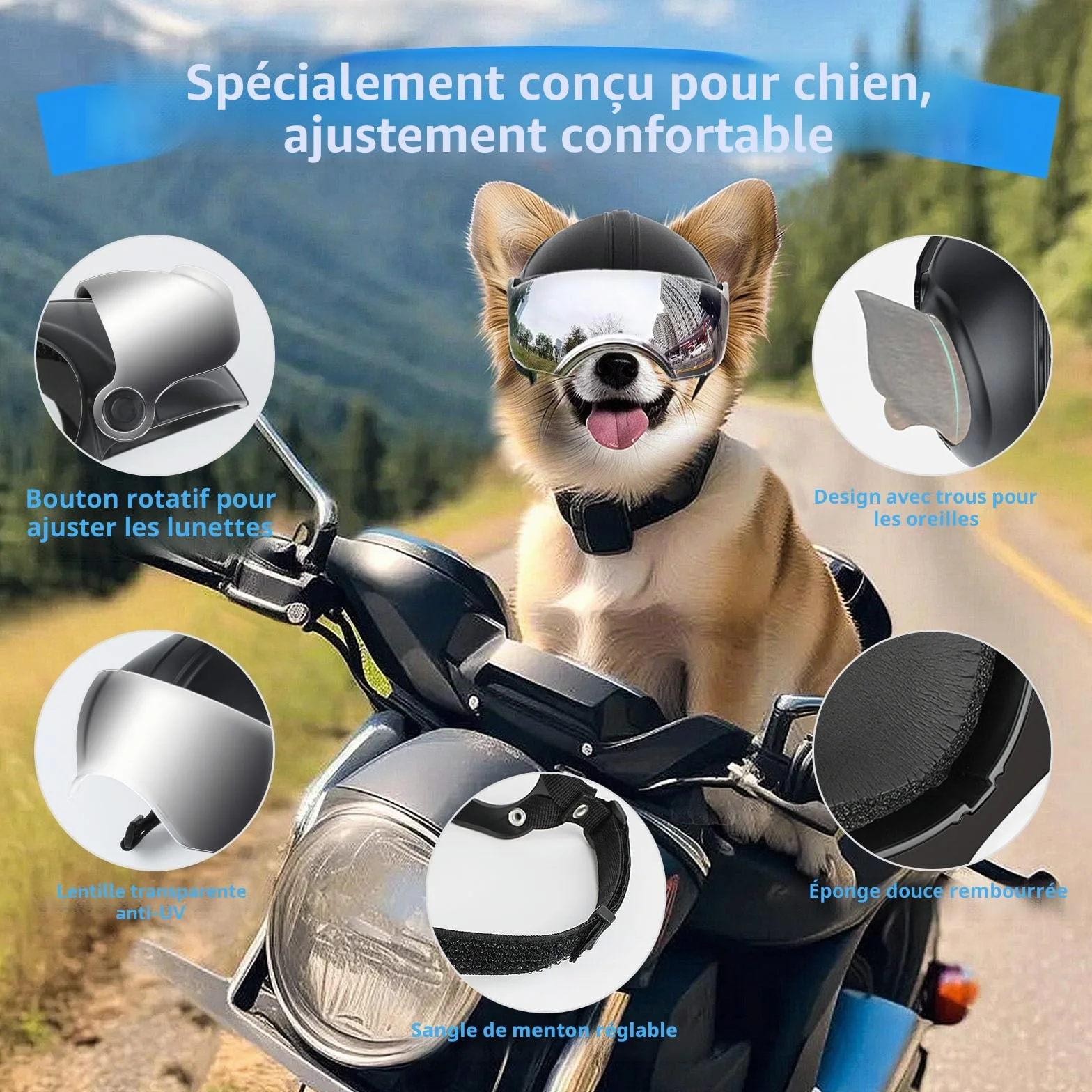 Casque et Lunette Moto Chien Protection UV Anti-Sable pour Chiens 7,5-12,5 kg Verres Argentés
