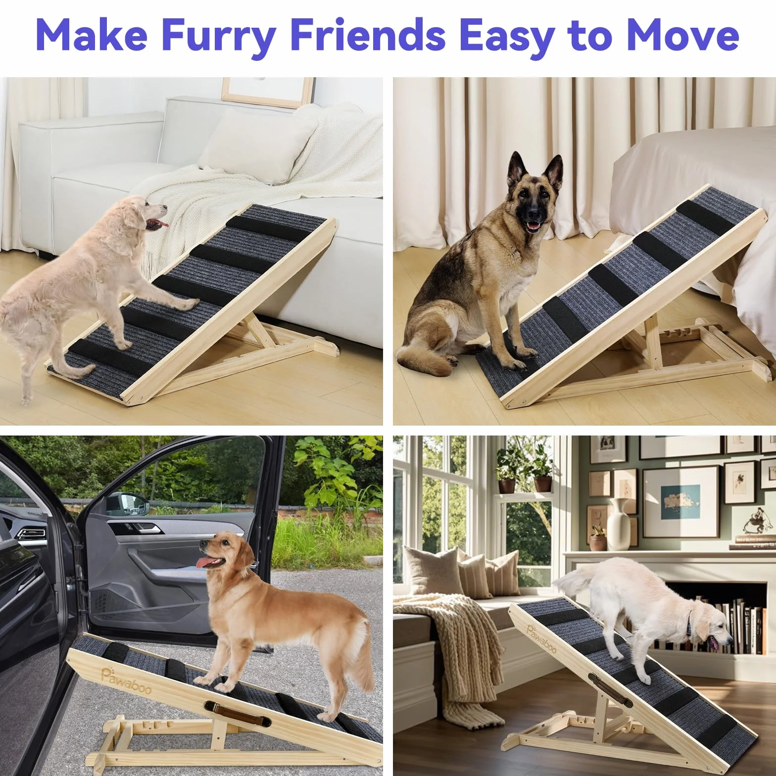 Pawaboo 100 * 40cm Rampe Portable en Bois, Escalier Adjustable pour Chien avec 4 Hauteurs Réglables de 11,6'' à 22,4'', Rampe pour Chien Chat à 143lbs pour Canapé Auto Lit, Extra Large, Bois