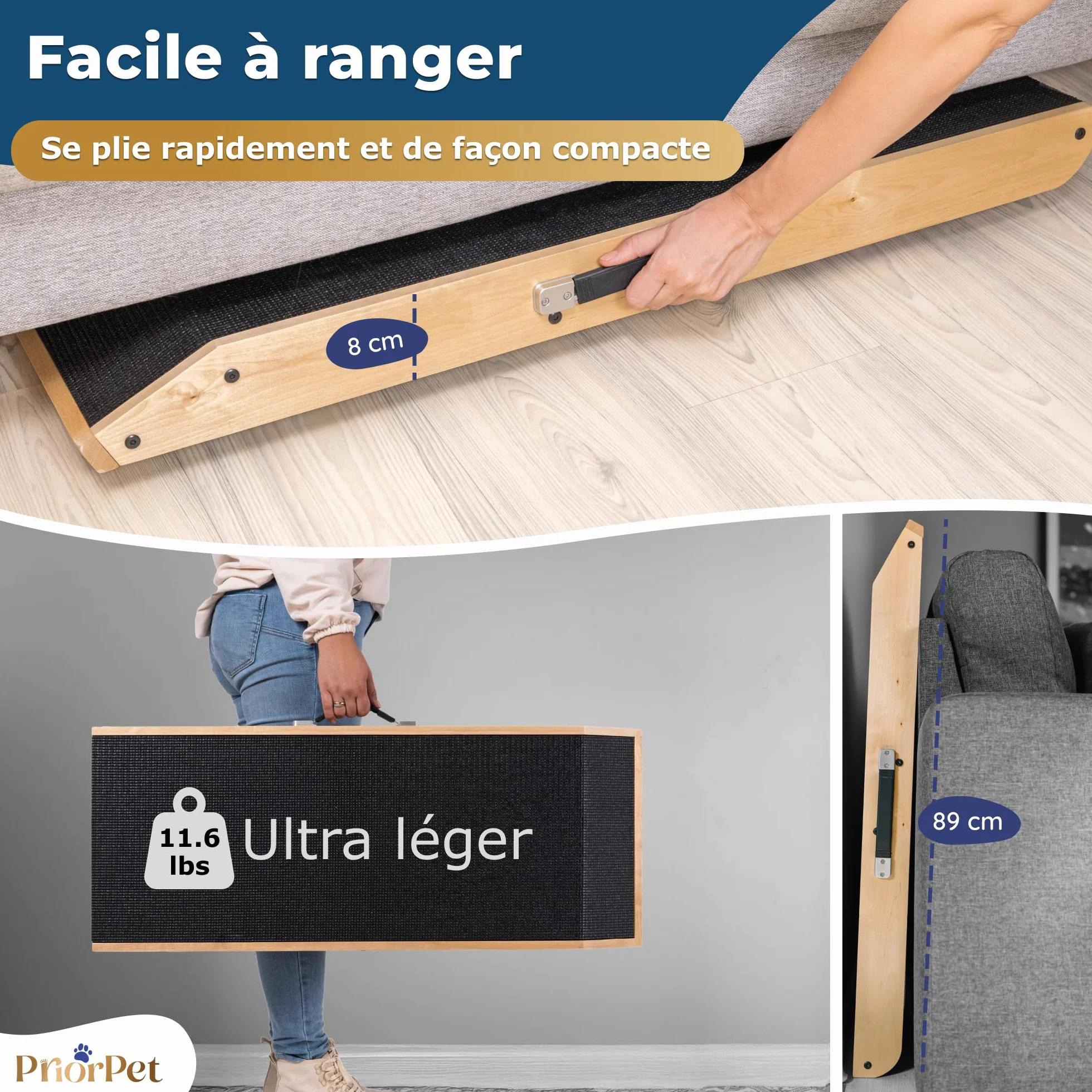 Rampe pour Chien Pliable et Réglable 18-53 cm - Surface Antidérapante - Bois de Bouleau Naturel