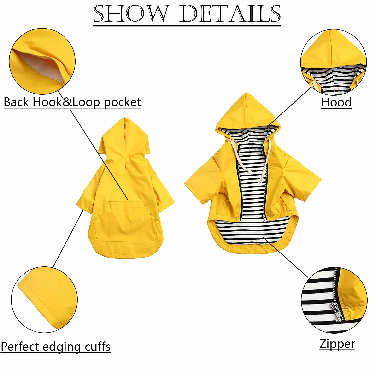 Pethiy-Capuche Manteaux imperméables pour Chiens, Chien Manteau de Pluie avec Fermeture éclair e Poches, Imperméable vêtements de Chien avec Cordon réglable,pour Chiot Petite Moyenne Chien-Jaune-S