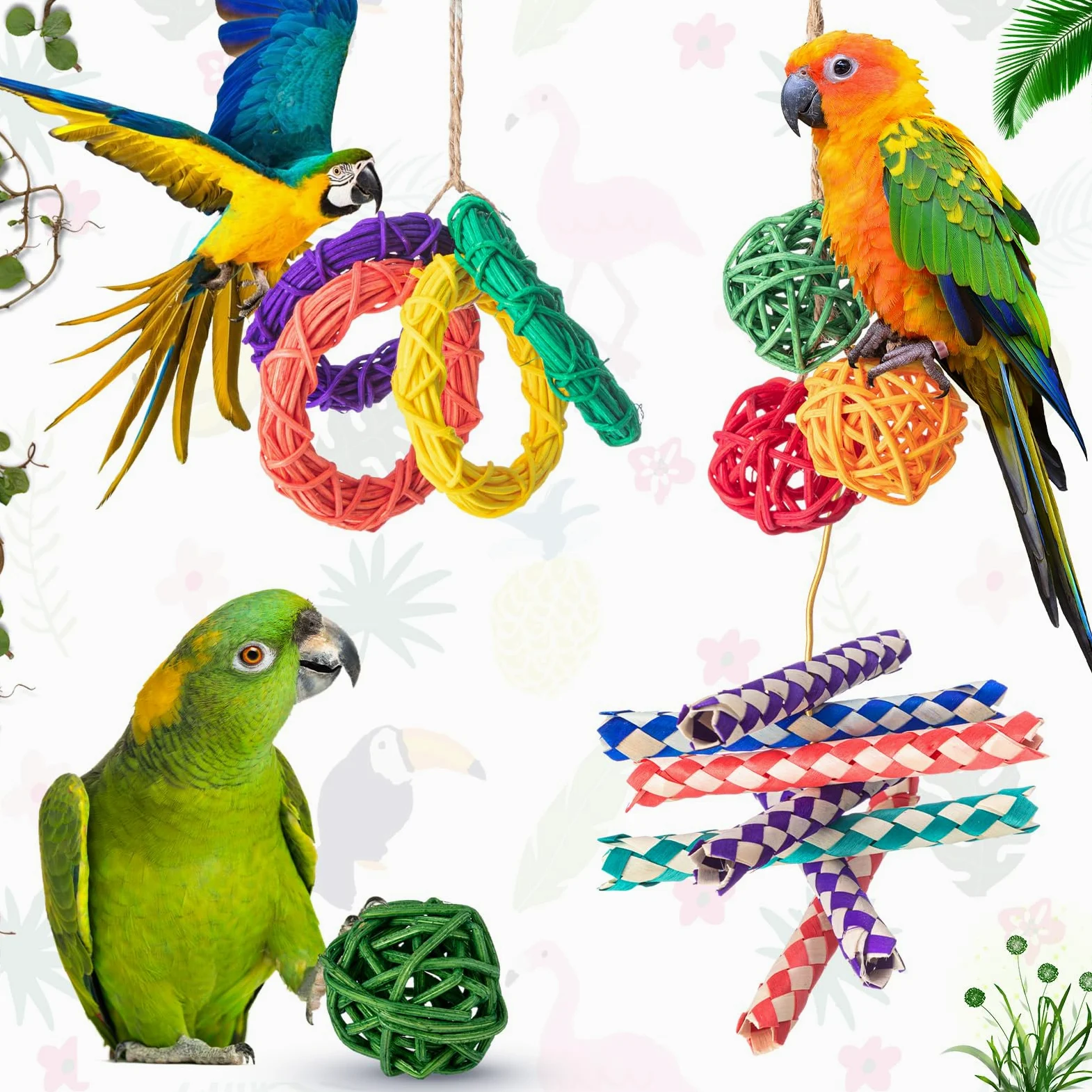 Hiboom Lot de 200 jouets pour oiseaux : 100 pièges à doigts, 60 boules en rotin, 40 anneaux de vigne – Boules en osier pour perroquet, calopsitte et perruche à mâcher pour perruches, cage d'animaux de