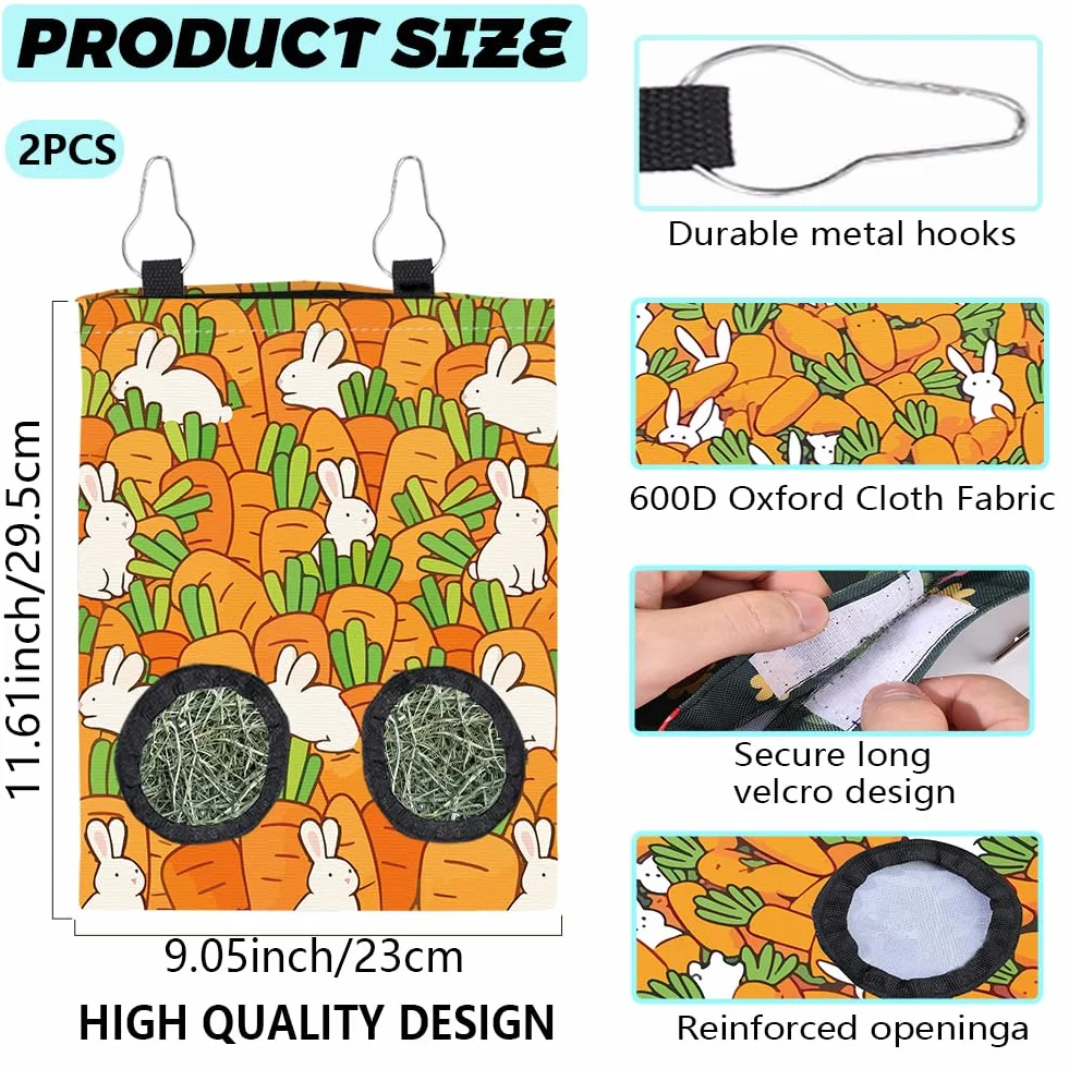 Sac De Foin pour Lapin 2 Pièces 2 Styles Motif Carotte Orange Tissu Lavable Rectangle 12 x 9 Pouces