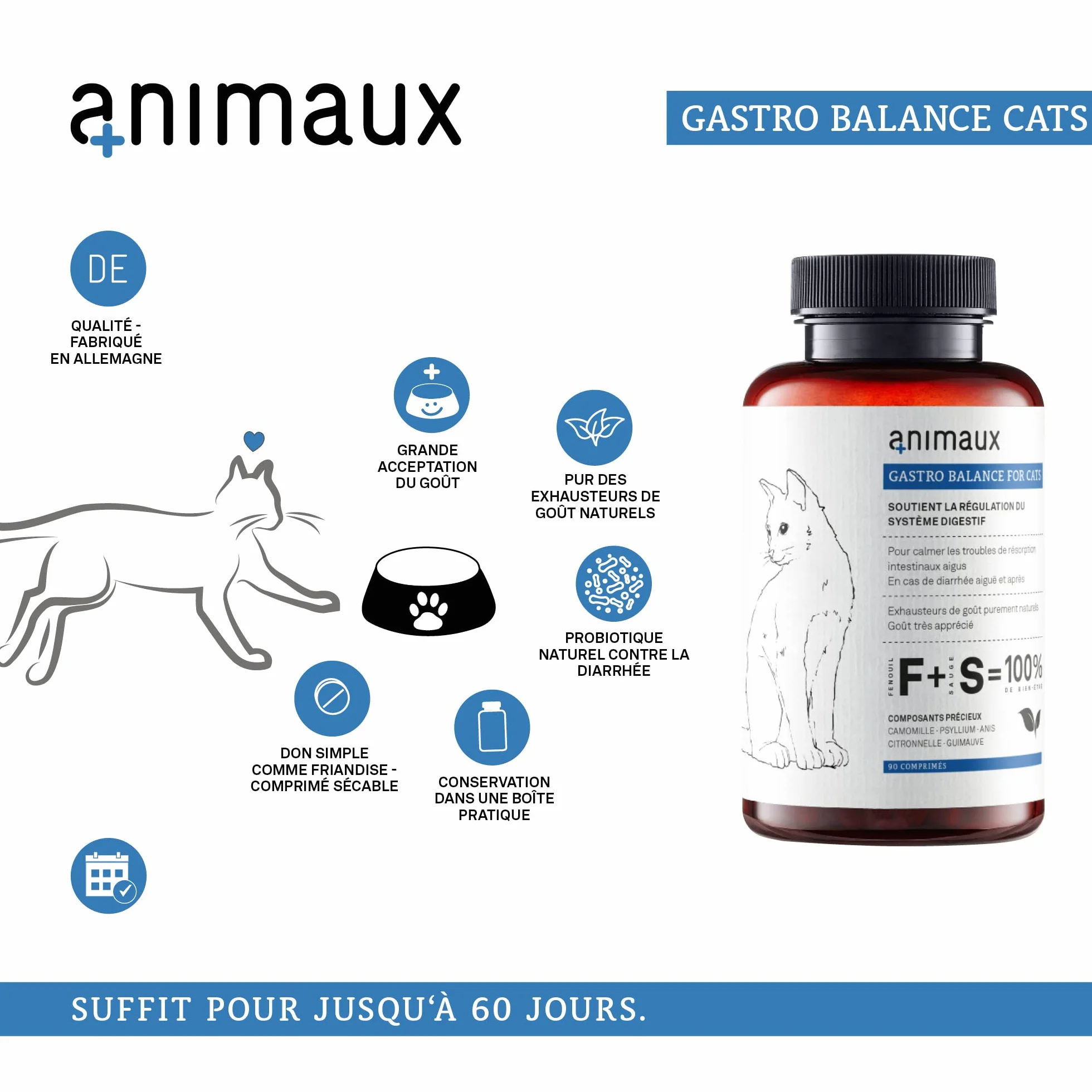 Probiotiques pour Chats 90 Comprimés à Mâcher Complément Alimentaire Favorise Digestion Naturelle Fenouil Sauge Psyllium Gastro Balance