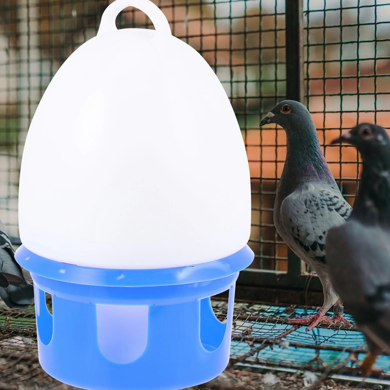 Artibetter Abreuvoir Suspendu pour Pigeons 10l avec Poignée Bleu et Blanc, Distributeur d'eau en Plastique pour Oiseaux