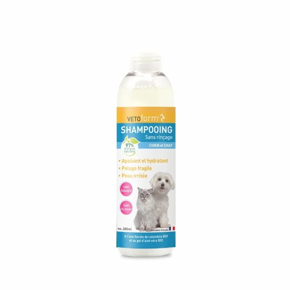 VETOFORM Shampooing sans rinçage Chien Chat Apaisant hydratant 97% Origine Naturelle 200 ML Fabriqué France