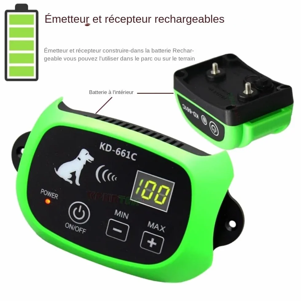 Système de clôture électronique sans fil pour chien, émetteur et récepteur rechargeables 661C-G-1