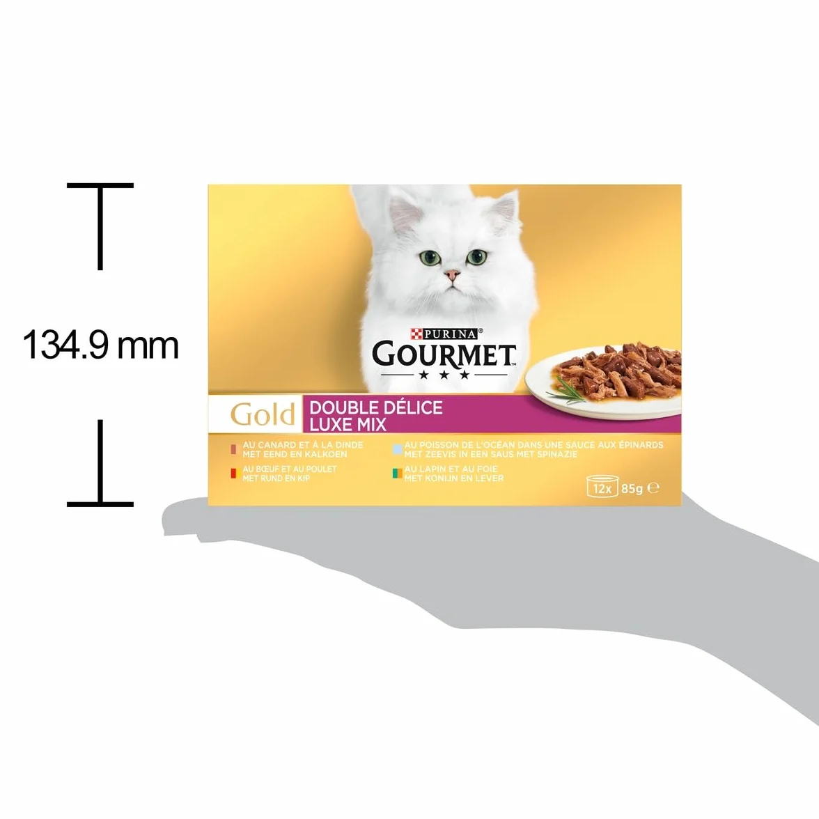 GOURMET | Gold | Double Délice | Chat Adulte | Filettines en Sauce | Bœuf et Poulet, Lapin et Foie, Poisson de l'Océan Sauce aux Epinards, Canard et Dinde | Boîtes | Lot de 8 (12 x 85 g)