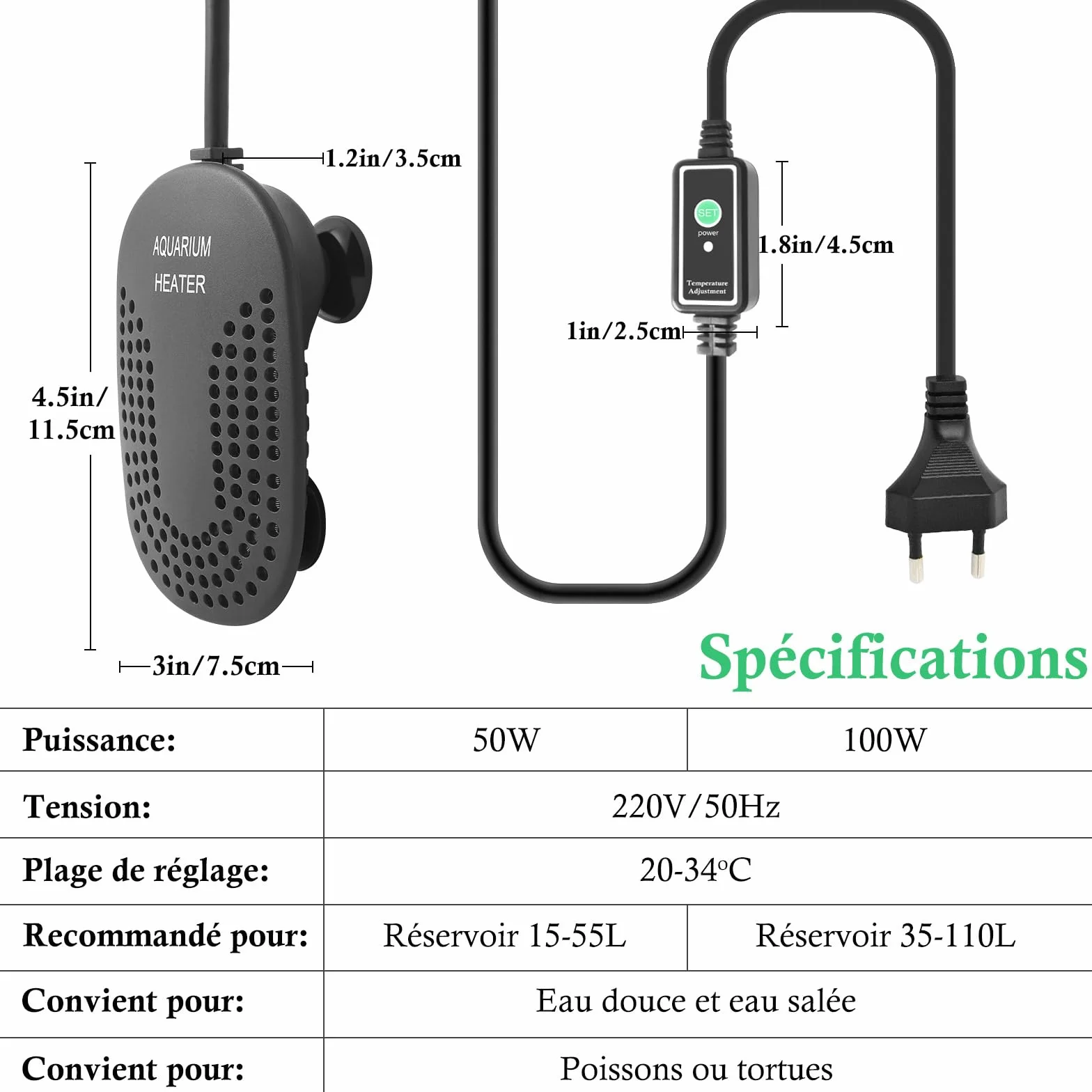 Mini Chauffage pour Aquarium 50W 100W, Chauffage Réglable pour Aquarium avec Contrôleur de Température Externe, Chauffage Incassable pour Poissons et Tortues, Eau Douce et Eau Salée (100W)