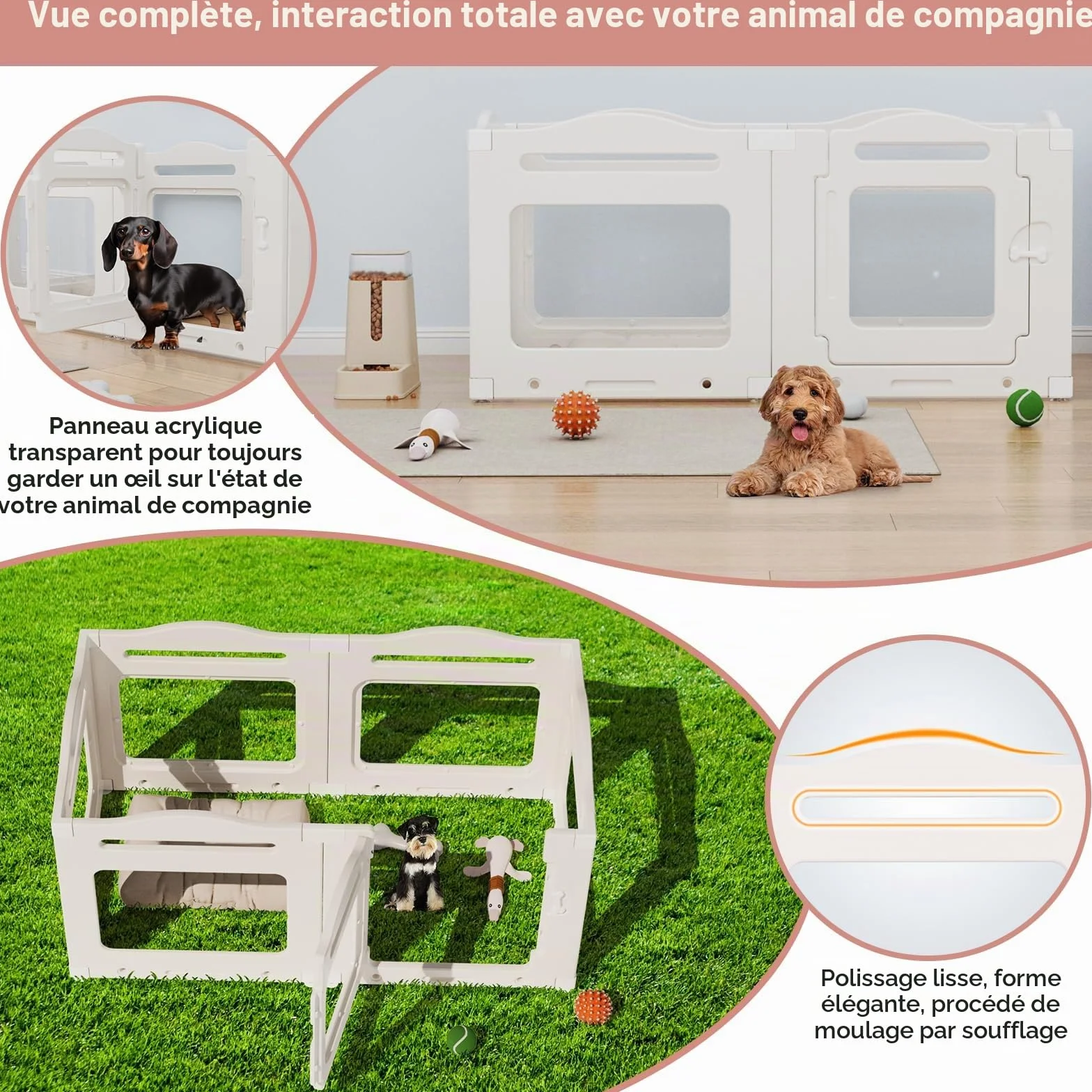Clevich Enclos pour Chien en Acrylique 129 × 68 × 60 cm, 5+1 Panneaux avec Porte à Verrou, Pliable, Blanc