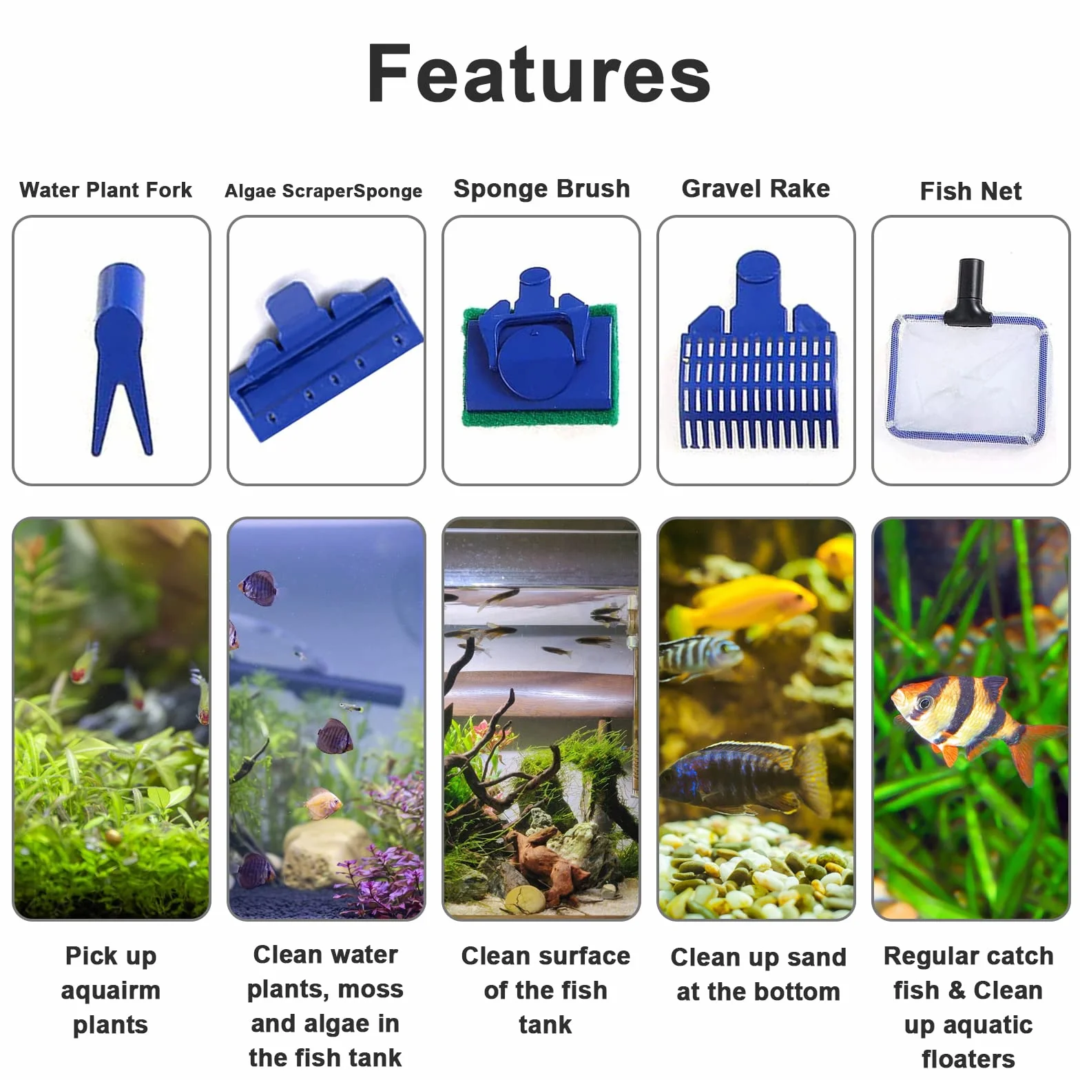 Kit Nettoyage Aquarium 5 en 1 Brosse Vitre Outils Nettoyage Algues Éponge Épuisette Râteau Gravier Grattoir Algues Fourchette Plante