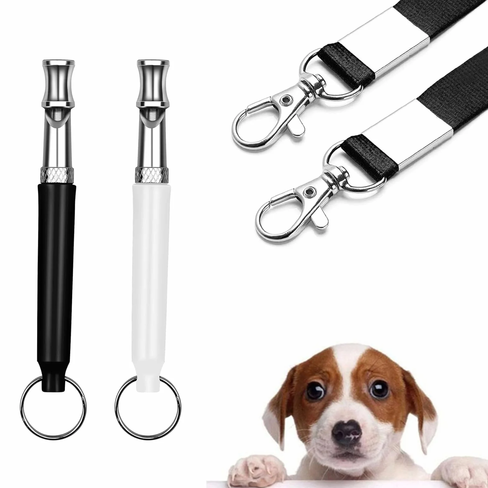 Sifflet Ultrason Chien Anti Aboiement Haute Fréquence 2 Pièces avec Lanière Réglable Blanc Noir