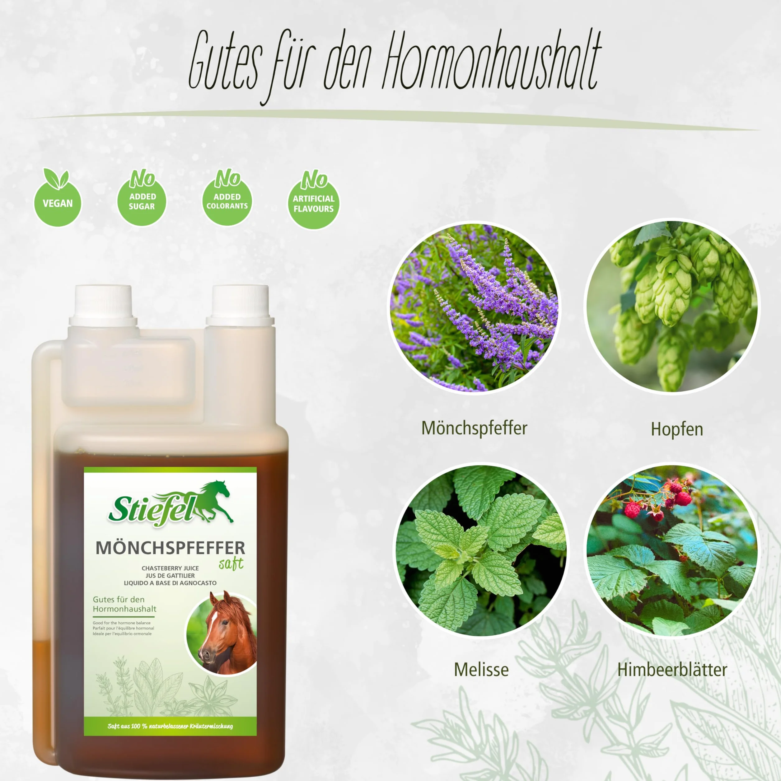 Stiefel Jus de poivre moine pour chevaux 100 % naturel, flacon doseur 1 l