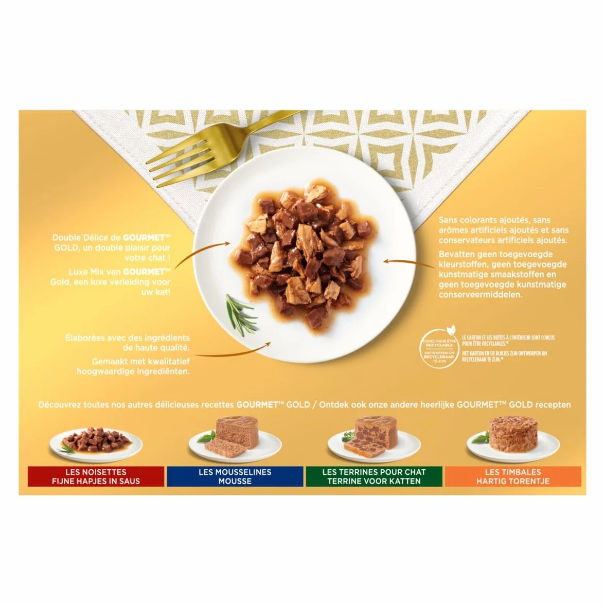 GOURMET | Gold | Double Délice | Chat Adulte | Filettines en Sauce | Bœuf et Poulet, Lapin et Foie, Poisson de l'Océan Sauce aux Epinards, Canard et Dinde | Boîtes | Lot de 8 (12 x 85 g)