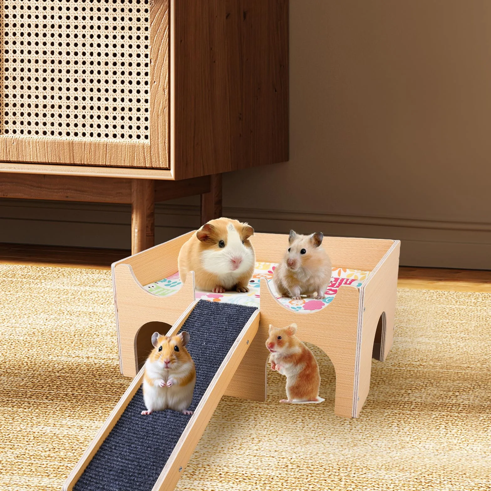 Grande maison pour cochons d'Inde en bois massif avec rampe et 3 entrées, maison de lapin naturel, pour rats, hamsters et petits animaux