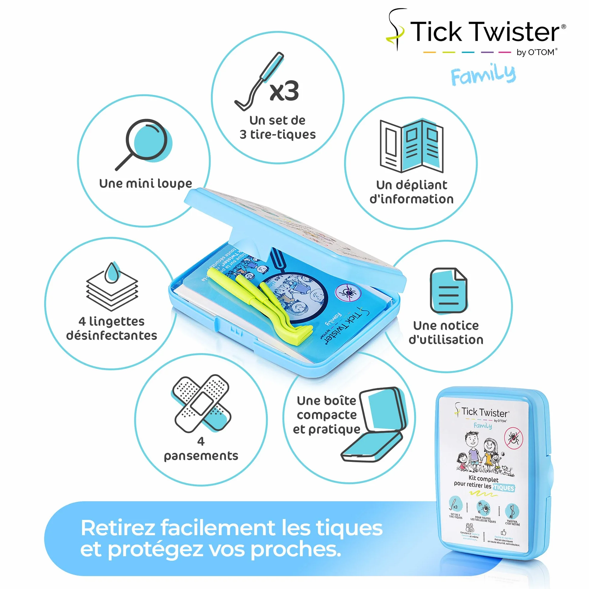 Kit Retrait Tique pour Chien Chat Humain – Pince à Tique Set 3, Lingettes Désinfectantes, Pansements, Loupe, Boîte Rangement