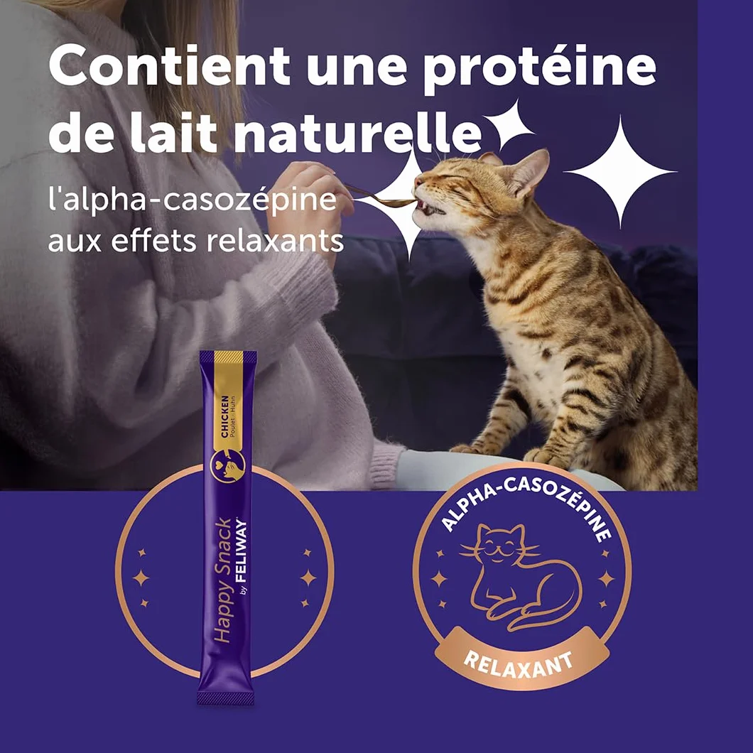 Happy Snack by FELIWAY - Pack de 5 boits - Friandise Onctueuse Relaxante pour Chat - Appréciée par 86% des Chats - sans Somnolence - Au Poulet - 30 Sticks de 15g