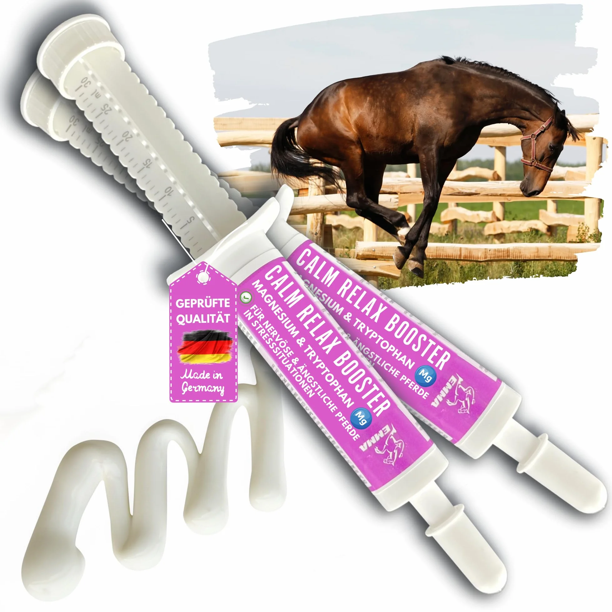 Magnésium Cheval 2 * 30ml Pâte calmante pour Chevaux Calm Relax Booster I Anti-Stress calmant nerveux L-tryptophane I en Cas d'anxiété Transport I Pâte de magnésium sérénité Cheval nerveux Haute Dose