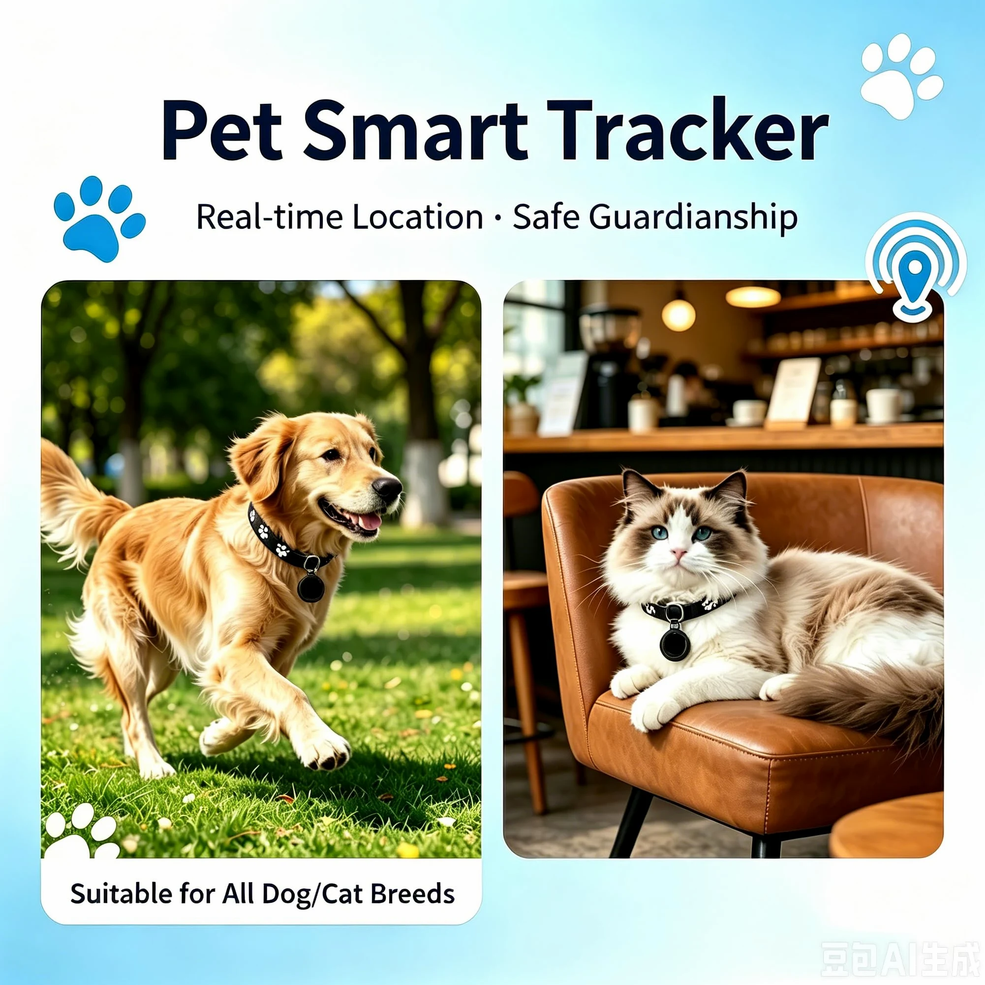 Traqueur GPS pour chiens et chats (pas d'abonnement requis), traqueur GPS pour colliers d'animaux de compagnie, certifié Apple MFi, fonctionne avec iOS Find My, suivi mondial en temps réel, étanche